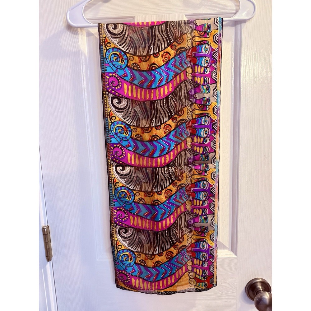 Laurel Burch Cats Silk Scarf Colorful Whimsical Feline Art Oblong Vintage